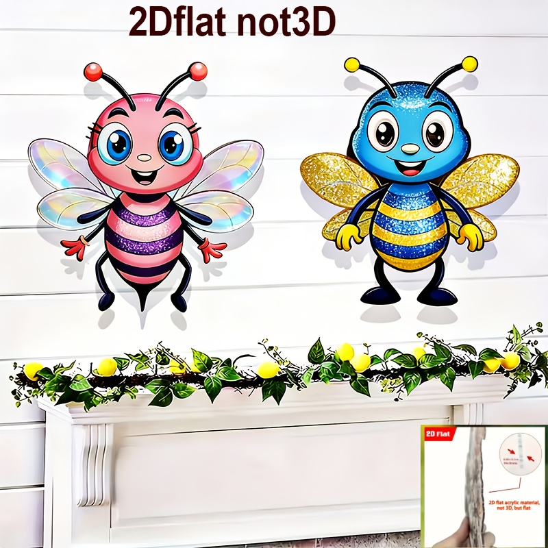 E-shop 2D-flach, 2-tlg. Bienen-Wanddeko geeignet für Garten, & Rasen – Lebhaft gelb-schwarz gestreifte Acryl-Bienen-Dekoration , einfach aufzuhängendes