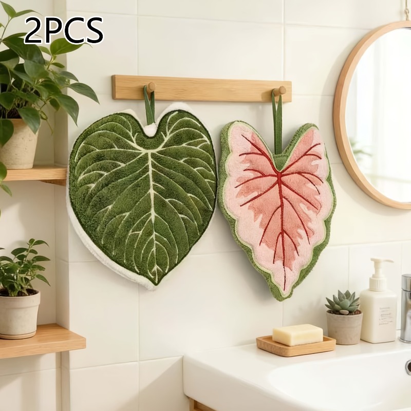 TEMU 2pcs Creative Leaf-shaped Bathroom Fingertip Towels, Set Of 2 - Hangable Design, Absorbent Material, Suitable For Fingertip Towels In Bathrooms,