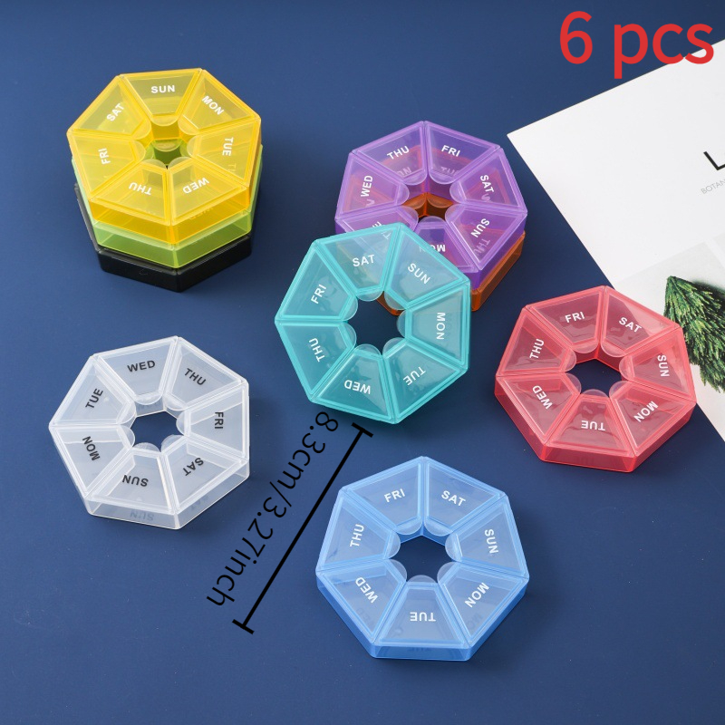 6pcs Round Pill Cases, 7-compartment Sturdy Medicine Organizers, Compact Circular Tablet Trays, , Portable Pill Divider Boxes, Dustproof, Safe, Mini 7-day Portable Compartment Jewelry Boxes