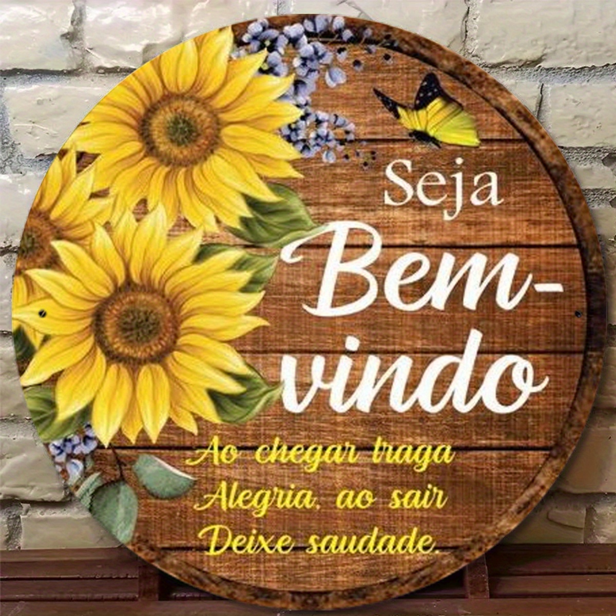 TEMU 2d Flat, 1pc Vintage Welcome Sign - Portuguese Welcome Message (" Bem-"), Sunflowers & - Rustic Farmhouse Decor - Heavy-duty Aluminum Metal