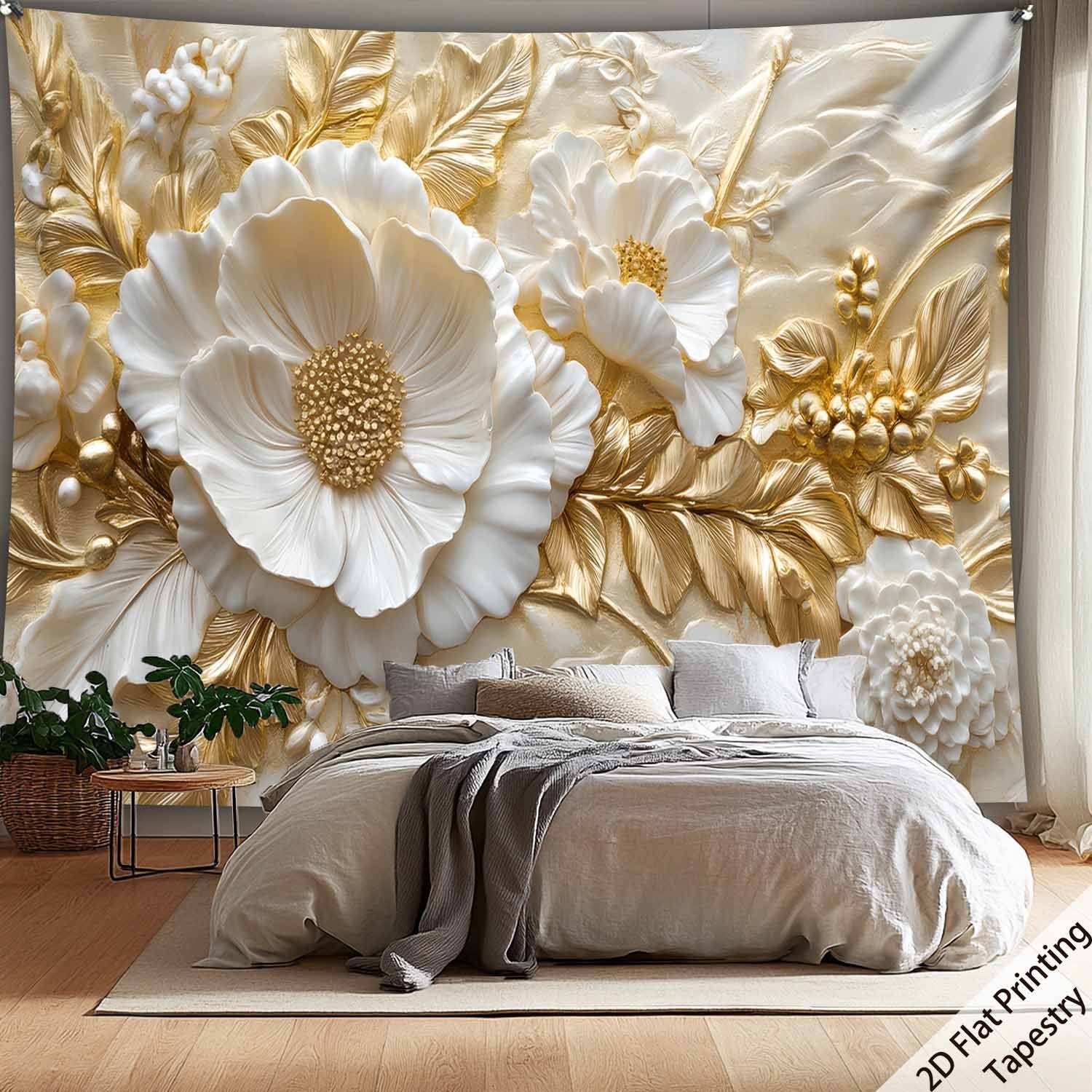TEMU 2d Flat - 2d Flat - 1pc Of Ultra-large Tapestry Measuring 126 Inches By 94.5 Inches, Featuring An Elegant White With Luxurious Golden Accents.