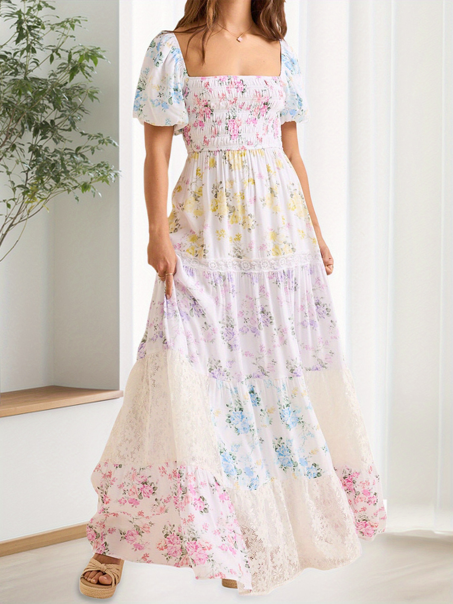 women's spring summer a-line dress with short sleeves & lace trim - solid  color round neck machine washable casual vacation dress for beach , ,  shopping, cute summer dresses, layered flared skirt,