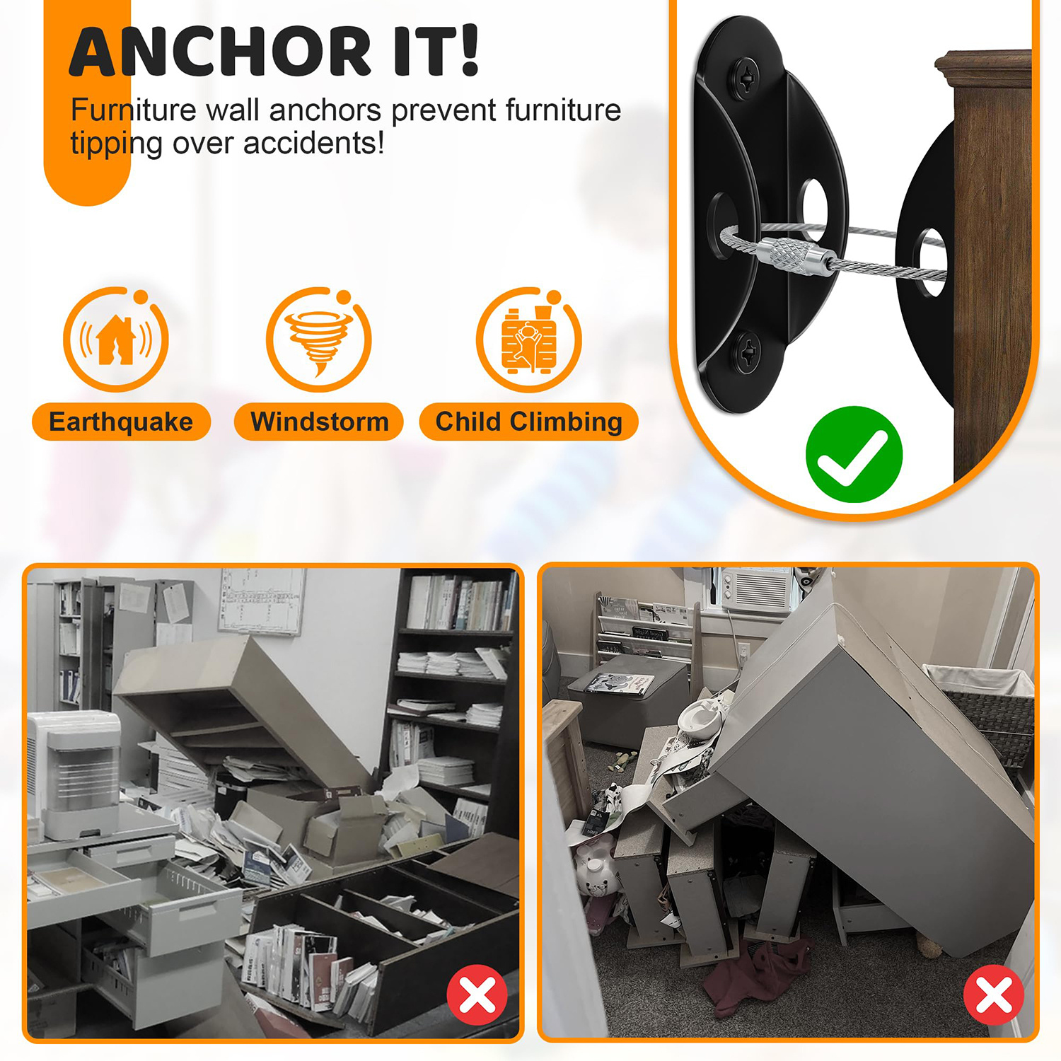 8 Sets Furniture Straps, Anti-Tipping Wall Anchors, Anti-Slip Protection Straps, Weight Capacity 181.44KG, Anti-Shake And Anti-Tilt Durable, Suitable for Cabinets, Bookshelves, Dressers, Wardrobes, Furniture Fixing (With Installation Kit)