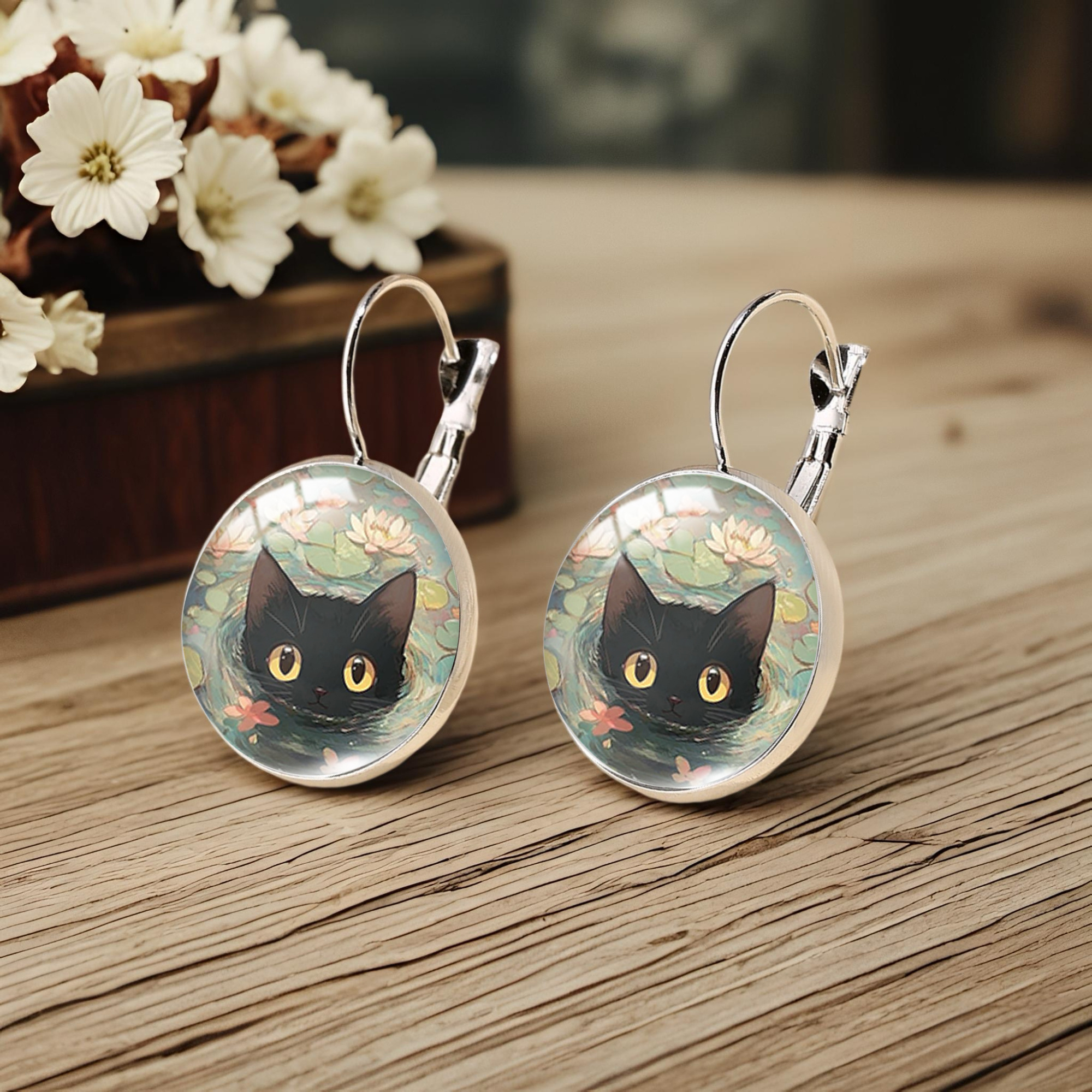 Fashionable Black Cat in Water Minimalist Style Round Earrings