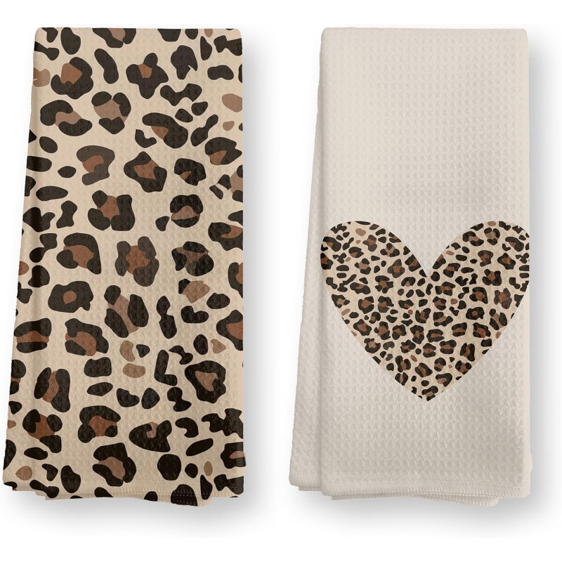 E-shop 2 Küchentücher mit Maße 18×26 Zoll im Leopard-Herz-Design, , um Ihrer Küchen- oder Badezimmerdekoration einen preppy Braun-Cheetah-Touch zu