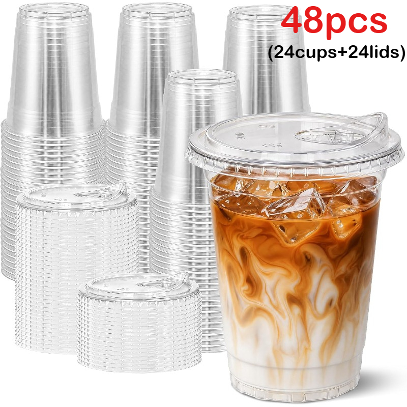 TEMU 48/98/198 pièces (24/49/99 gobelets + 24/49/99) Gobelet de fête en plastique transparent de 16 oz, couvercle droit, gobelet à glace robuste de