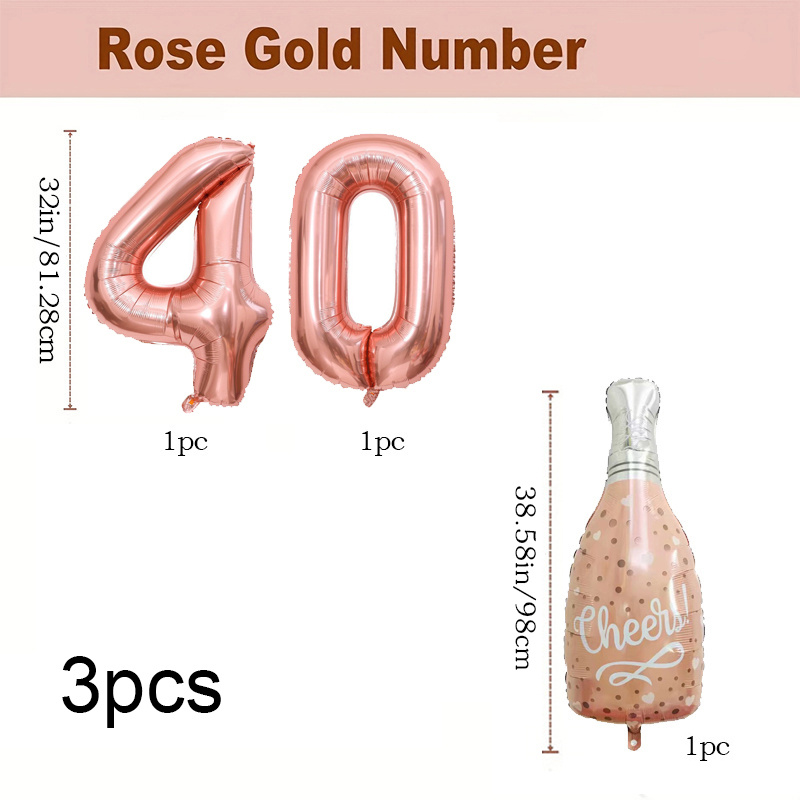 TEMU 3pcs, Ballons Numérotés Dorés Rose Enormes et Ballons Bouteille, Numéro 40 Doré Rose, Utilisés pour la Décoration de Fête de 40e Anniversaire,