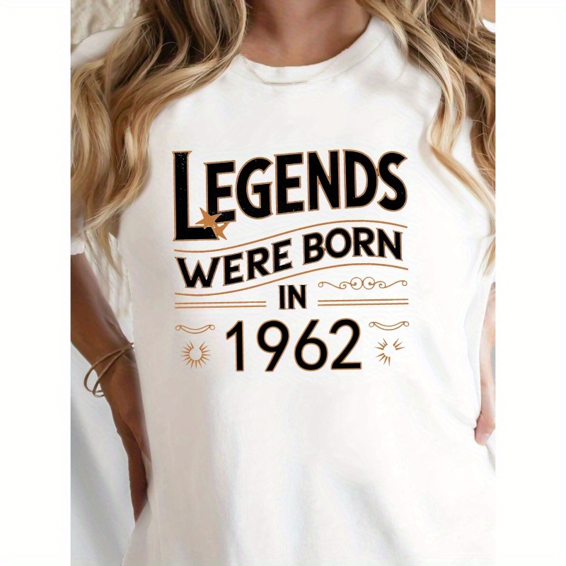 

Born In 1962 Print T-shirt, Short Sleeve Crew Neck Casual Top, Polyester Spandex , Geometric Pattern, Regular Length, , Women's Clothing