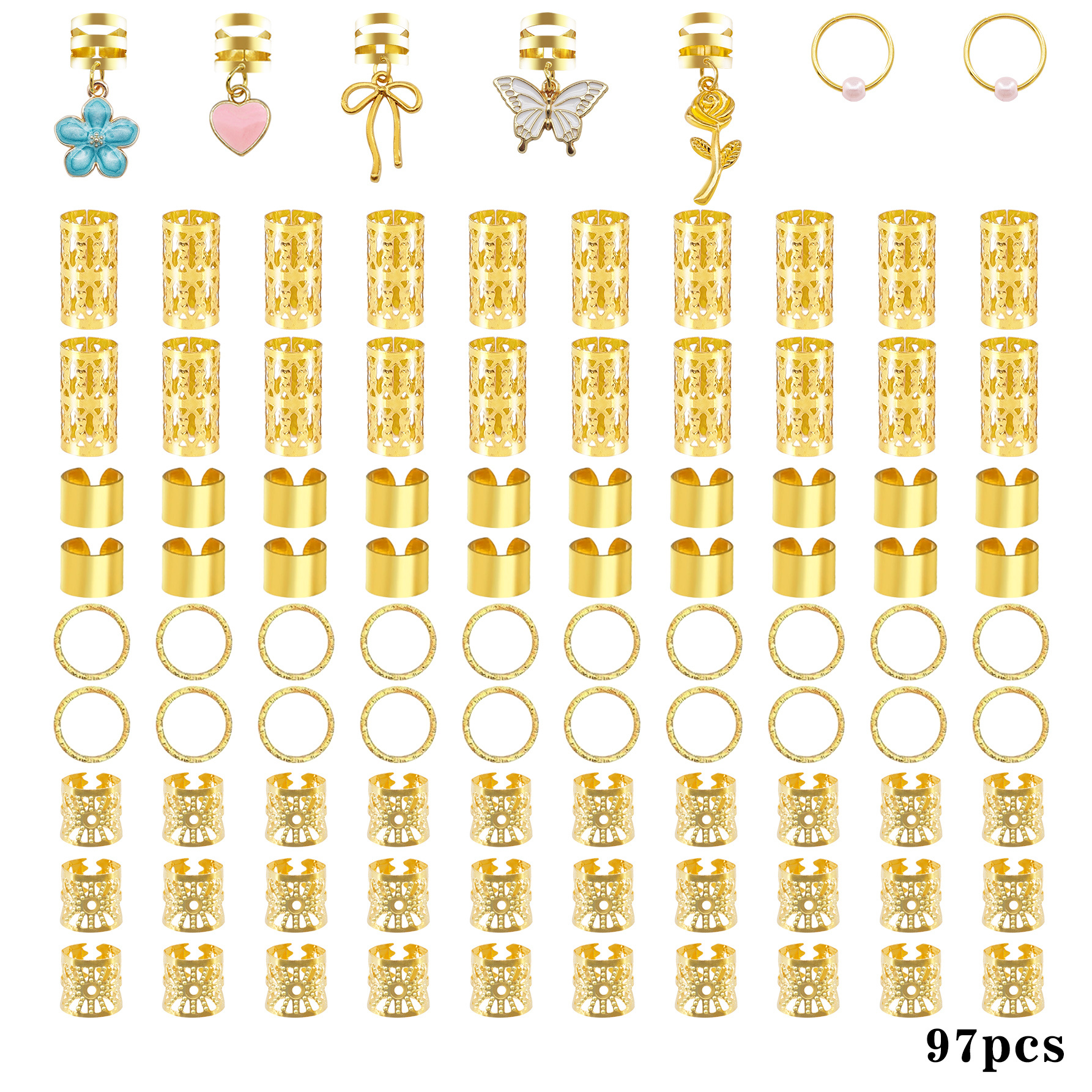 TEMU 97pcs Multi-style Hair Rings With White , Blue Camellia, Pink Heart, Golden Rose Bows - Adjustable Hair Cuffs For Braids