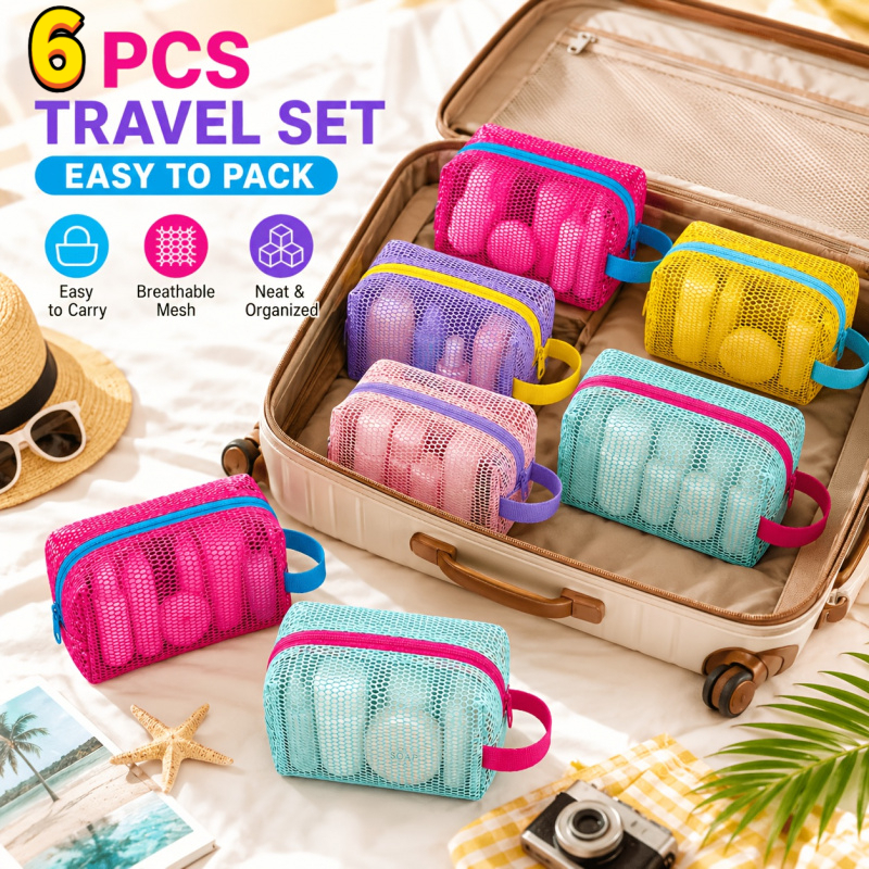 TEMU 6pcs Toiletry Bag Set In Random Colors, Colorful Mesh Makeup Bag Set, Travel Cosmetics Storage And Organizer Bag, Portable Toiletry Storage Bag,