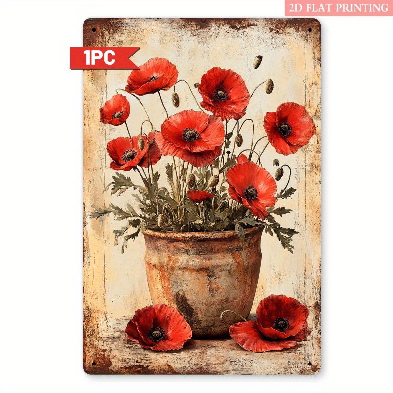E-shop 2D-Flach, . Rustikale Mohnblumen-Wanddeko aus Metall – 20,32x30,48cm Eisen-Vintage-Blumenschild mit weißem Hintergrund in Antik-Optik &