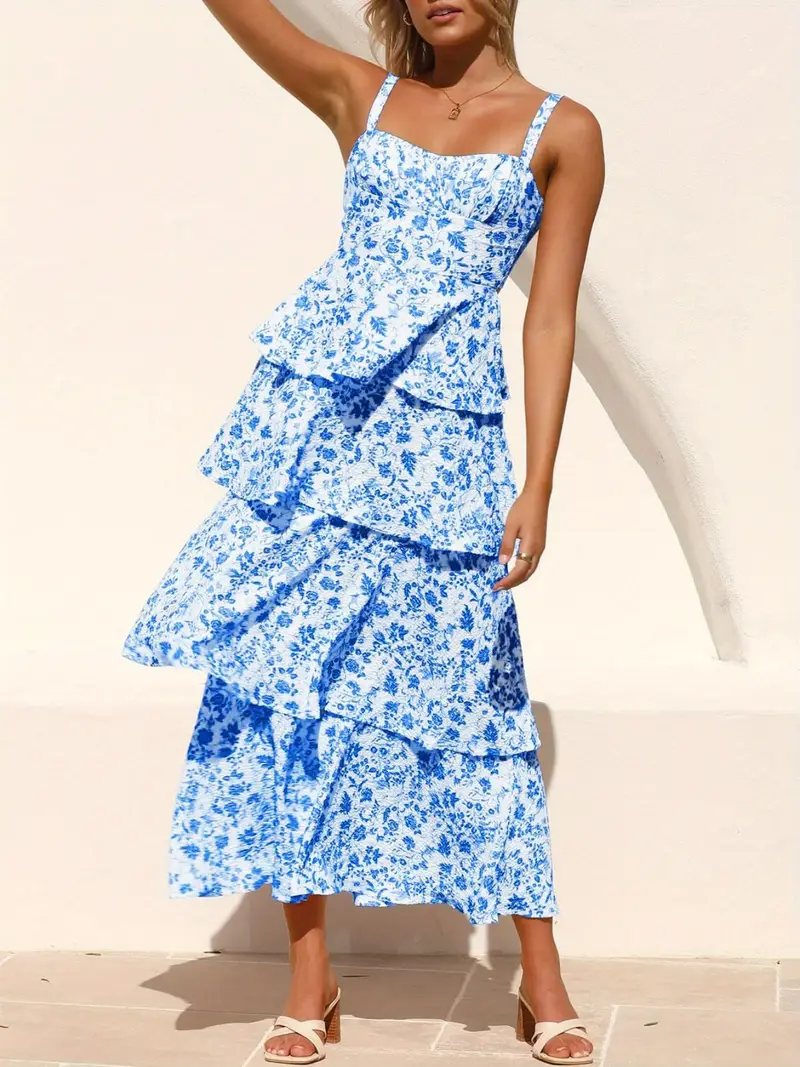 spaghetti strap floral pattern ruffles casual dress WESTFADE Women's Pink Floral Mixed Print Spaghetti Strap Bow Tie Front Ruched Waist Sleeveless Tiered Ruffle Maxi Sun Dress,Summer Casual Party Holiday Outfits