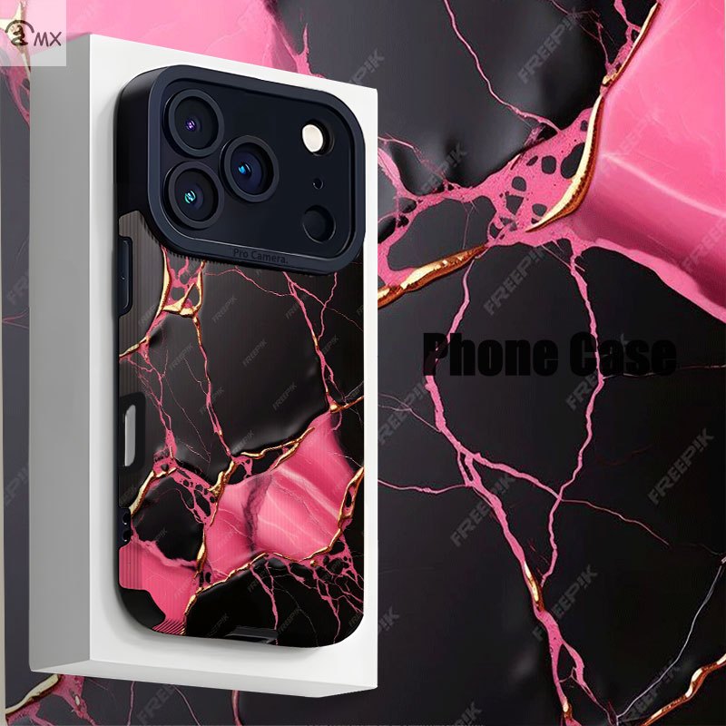E-shop Handyhülle: Schwarz-pinke Marmortextur mit goldenem Zierleistenmuster-Design, passend für iPhone 17, 17 Air, 17 Pro, 17 Pro Max neue Serie,