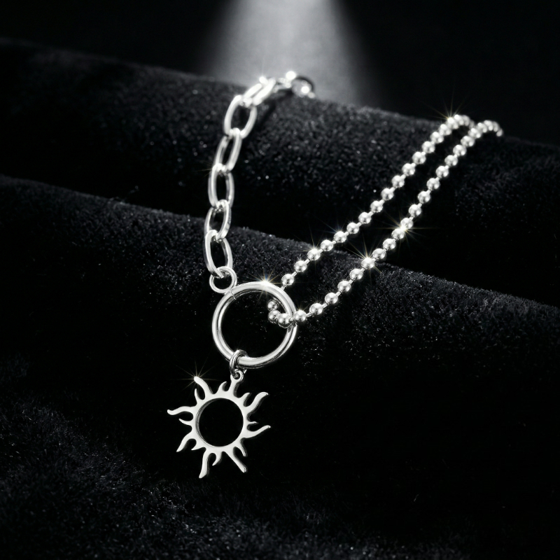 E-shop Vintage 316L Edelstahl Sonnen-Anhänger Halskette für Damen Herren, asymmetrisches Büroklammer- & Kugelketten-Choker, anlaufschützender Schmuck,