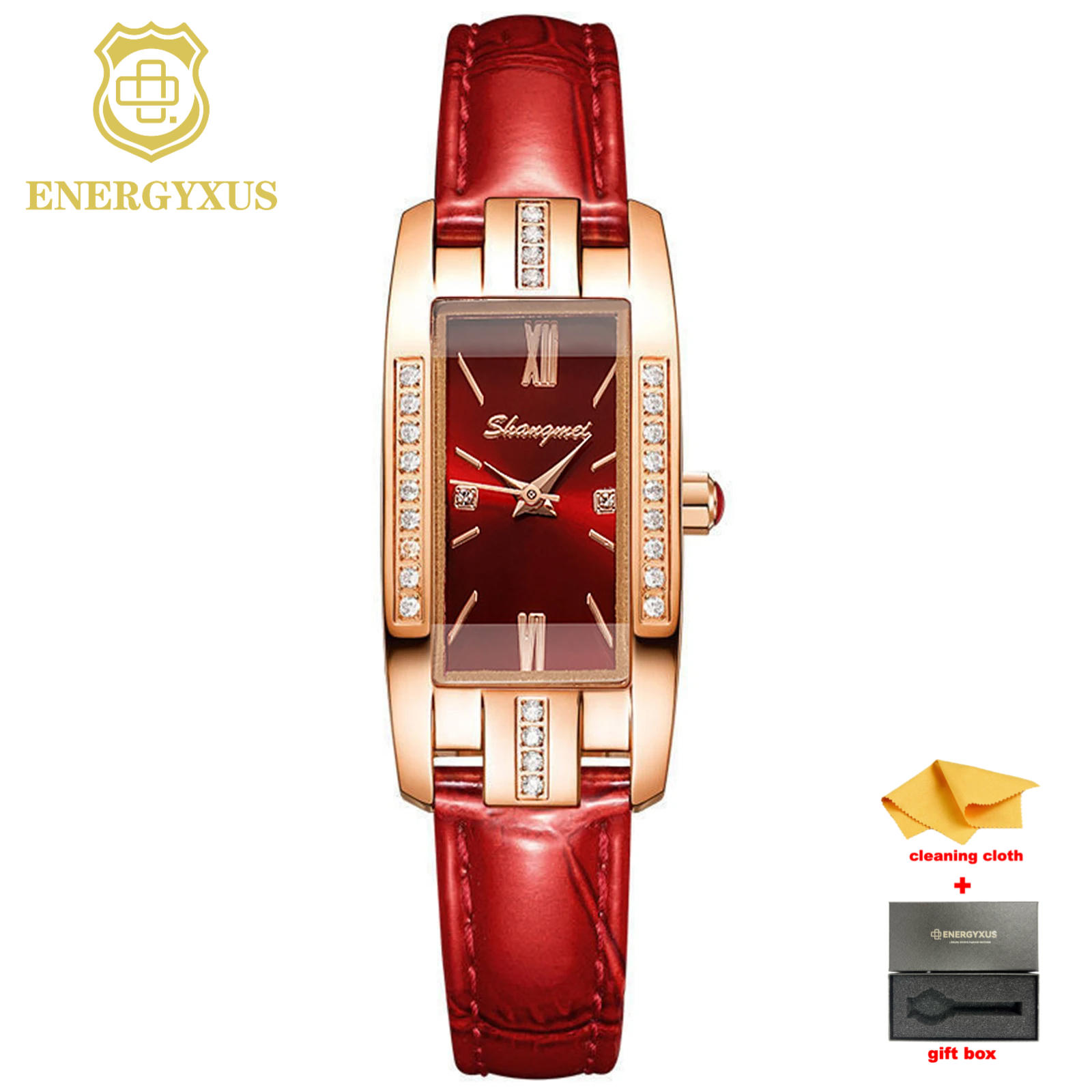 TEMU Energyxus Fashion Rhinestone Rectangle Women's Watch Faux Leather Band Watches For Ladies With Gift Box And Cleaning Cloth