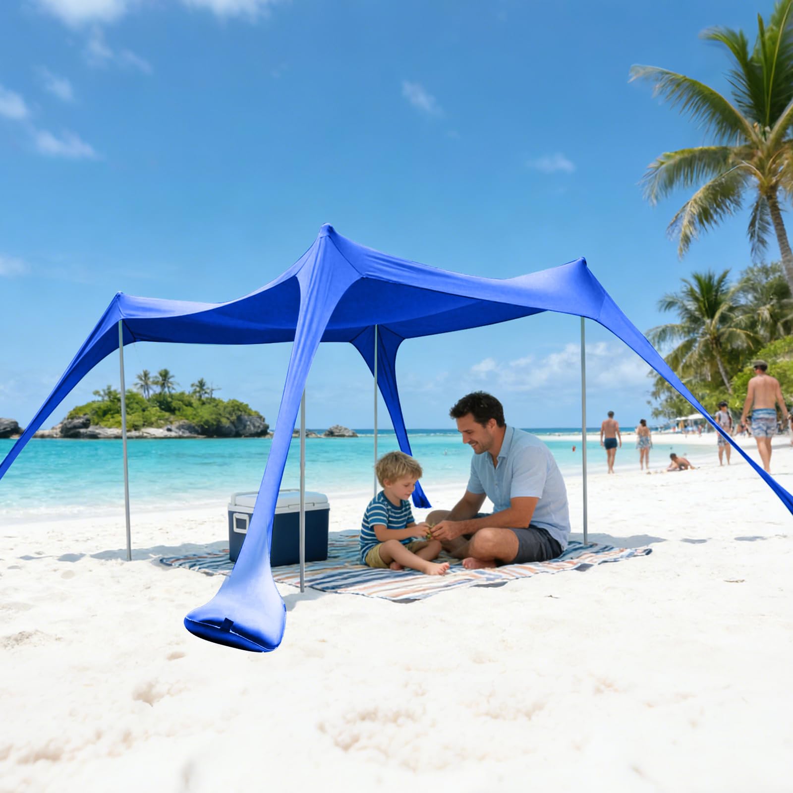 Image of Sunshade Beach Tent 2. X 1.6m Beach Sun Sail With Sand Shovel And Ground Stakes Beach Shelter Uv Beach Tent Lightweight Beach Canopy For Camping, Picnic, Garden Turquoise Navy Blue