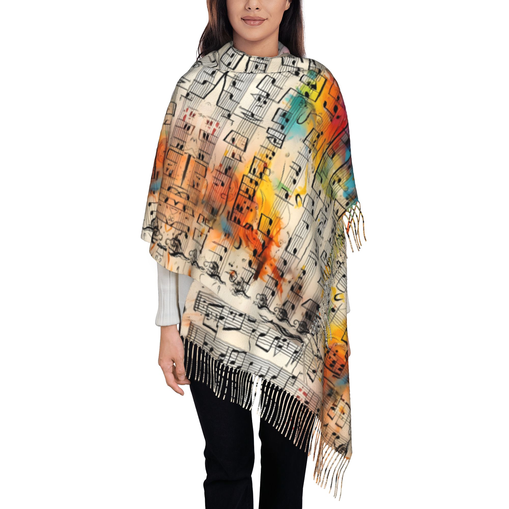 TEMU Abstract Doodle Of A Music Sheet With Notes Unisex Fringed Scarf Shawl Print Warm Cycling Birthdays Christmas New Year Gifts Casual