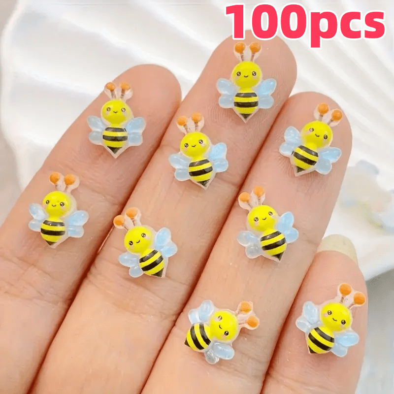 Image of 100pcs Cute Resin Kawaii Bee Nail Rhinestone Cartoon Nail Gemstone Suitable For Weddings, Cute Bee Nail Decoration Nail Additions Crafts