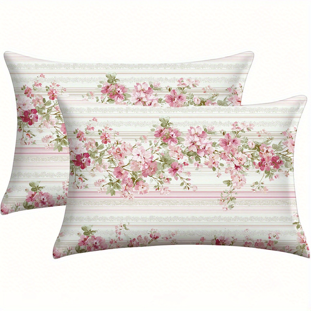 TEMU Set Of 2 - Pillowcases Featuring A With Pink Flowers On A Striped Backdrop (pillow Insert Not Included). Ideal For Holiday Decor, Modern