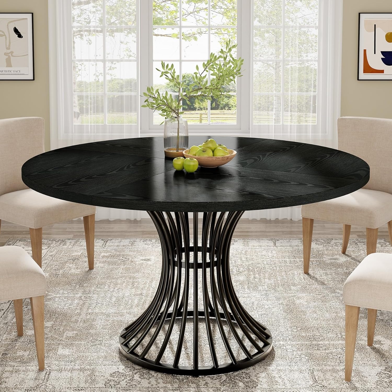Image of 120cm Round Dining Table For 4 6 Seater, Farmhouse Style And , Sturdy Metal Legs For Kitchen And Living Room, Black