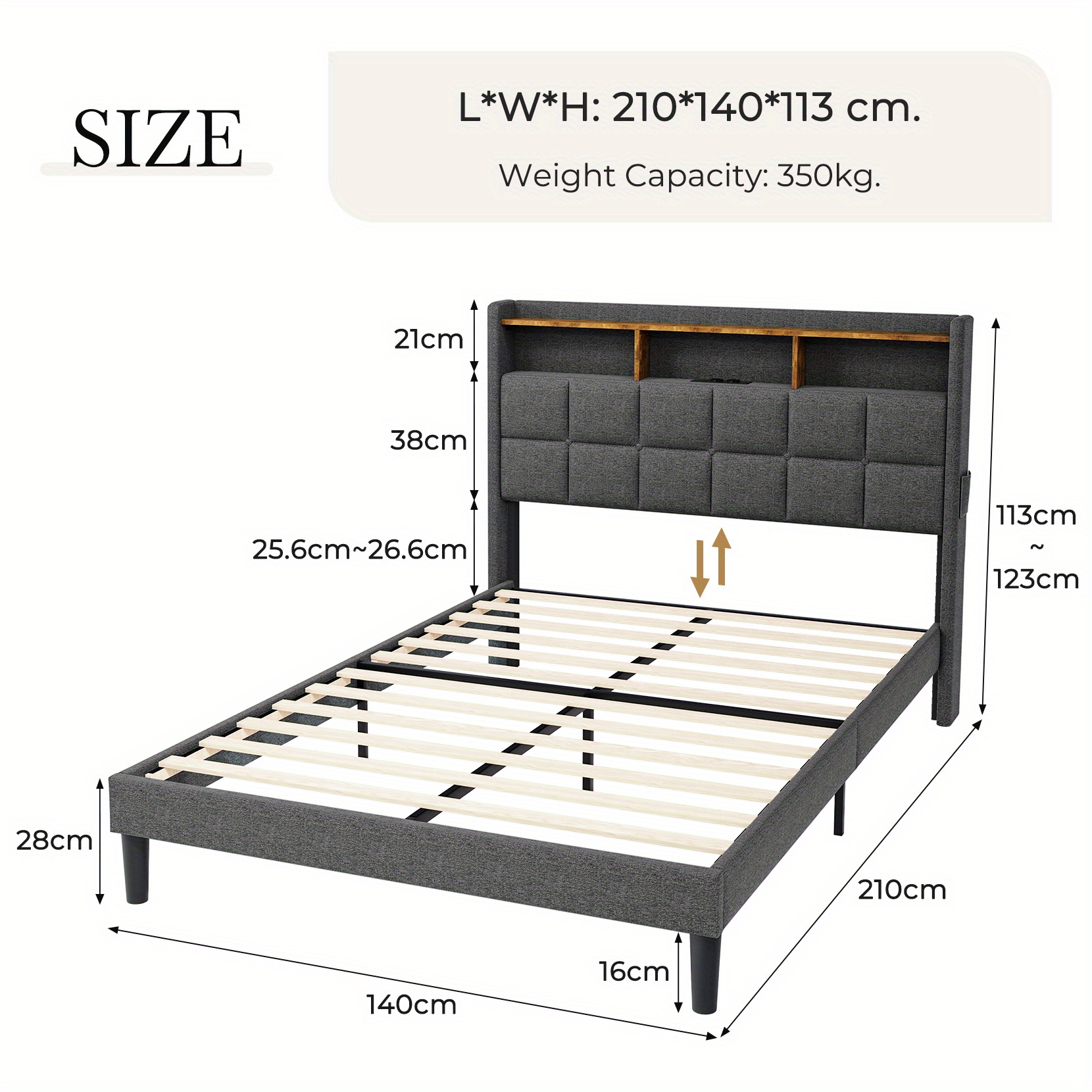 Linen Fabric Upholstered Platform Bed Frame With Headboard Shelf Storage