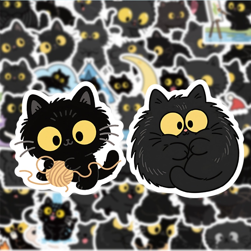 50pcs Set of Big-Eyed Black Cat Cute Stickers, Allowing You to Decorate As You Wish, Suitable for Water Bottles, Helmets, Phone Decorative Decals, And Phone Beautification Stickers