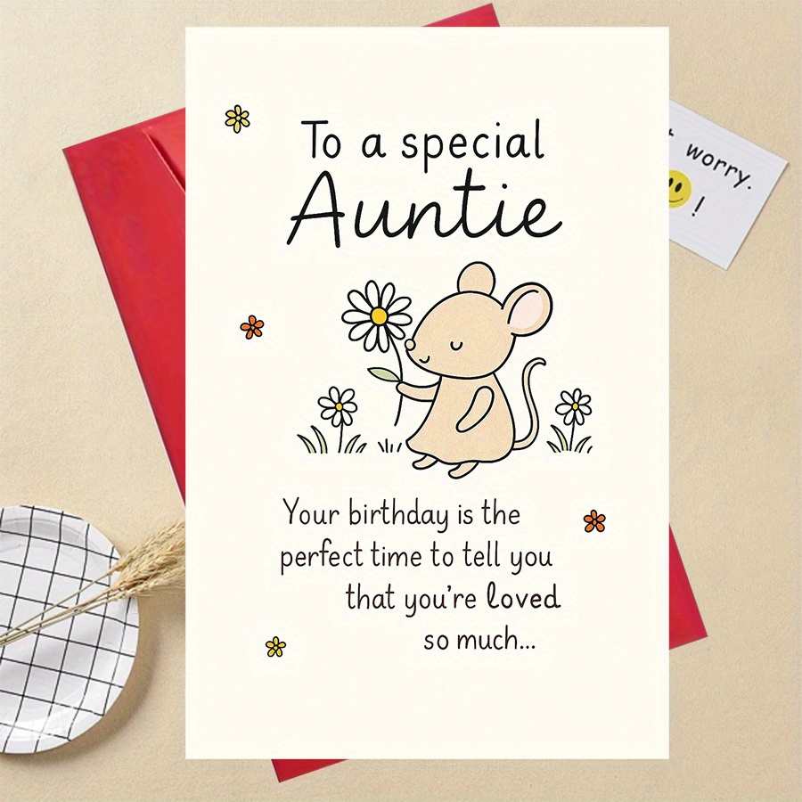 TEMU 1pc Funny Gifts Special Auntie Birthday Card With Cute Mouse And Flowers - Perfect For Celebrating Your