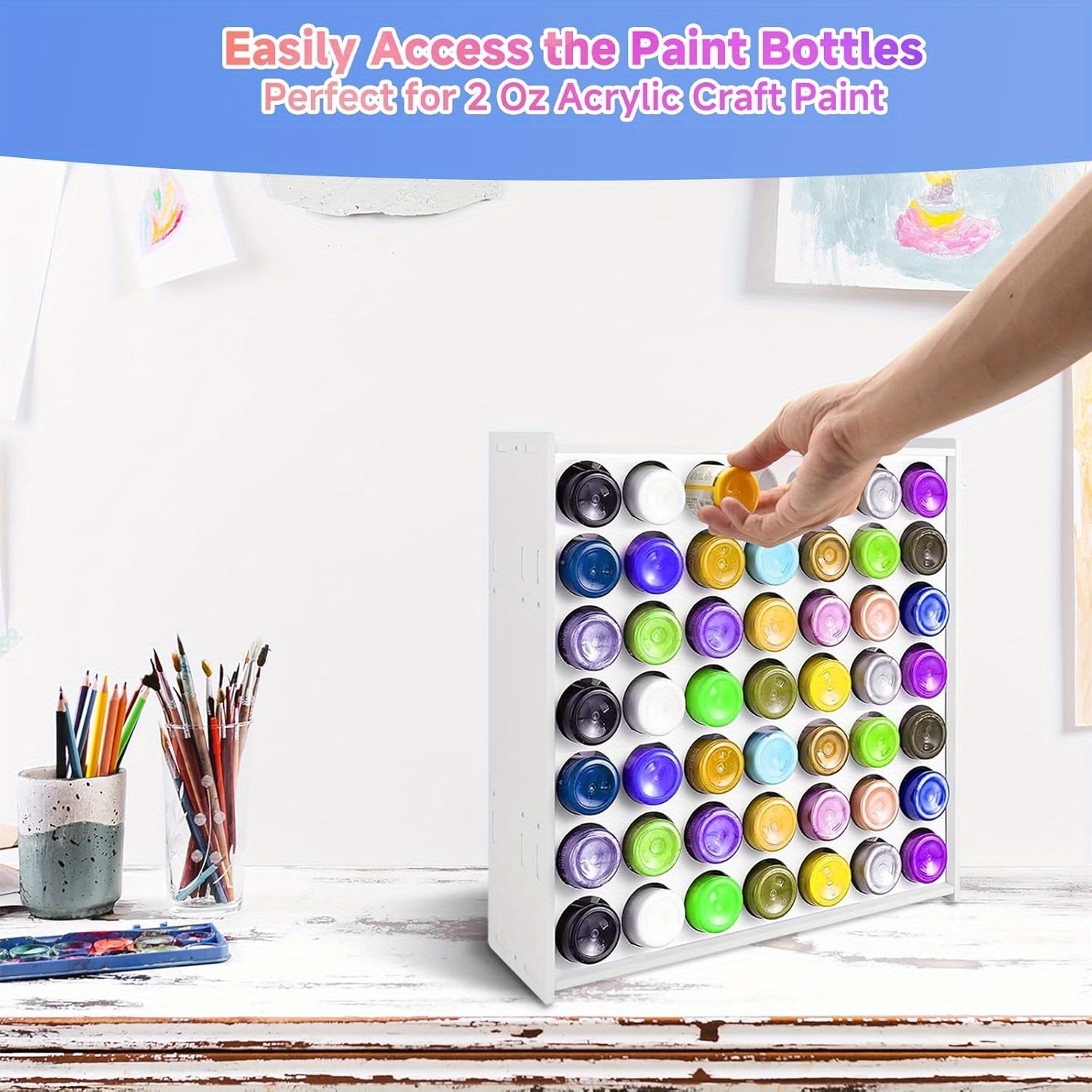 63 Hole Craft Paint Storage Organizer - Wall Mount Paint Rack For 2oz Bottles