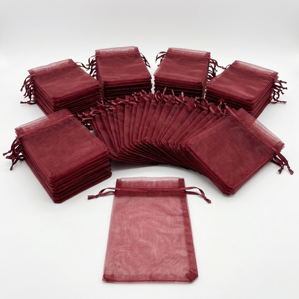 TEMU Juego de 68 bolsas de organza vaporosa color vino con cordón, neceseres de malla para joyería, sacos de almacenamiento para envolver regalos,