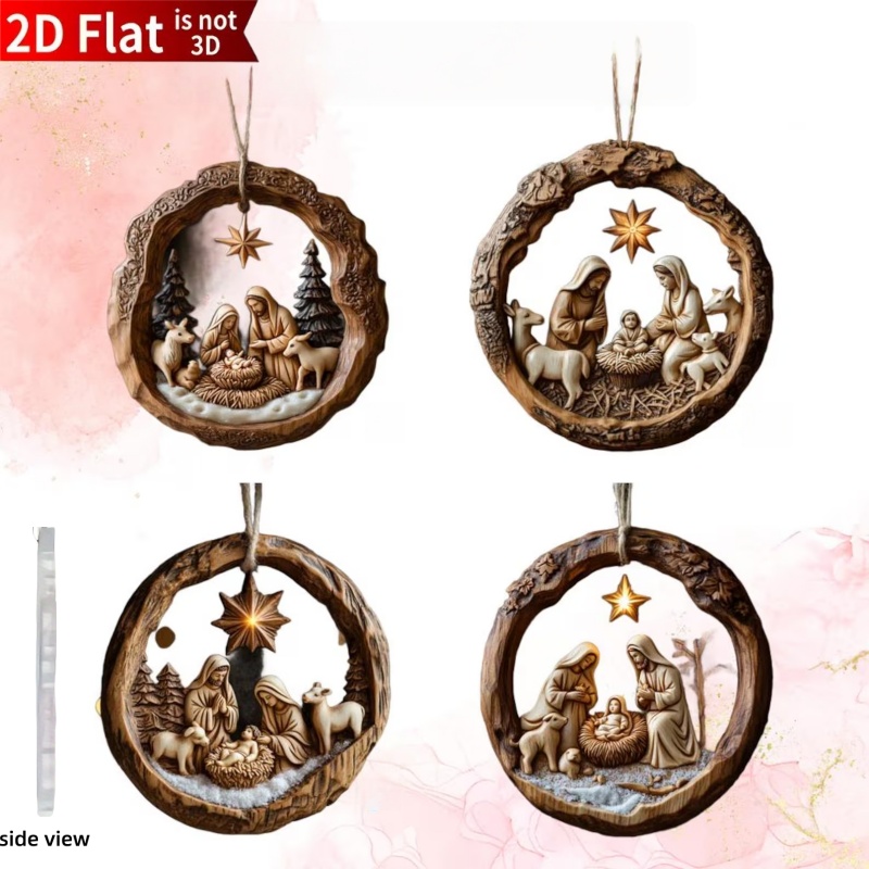 TEMU 2d Flat, 4pcs Acrylic Nativity Scene Hanging Ornaments Suitable For Christmas Tree Decorations, 4pcs Religious Nativity With Manger Figures,