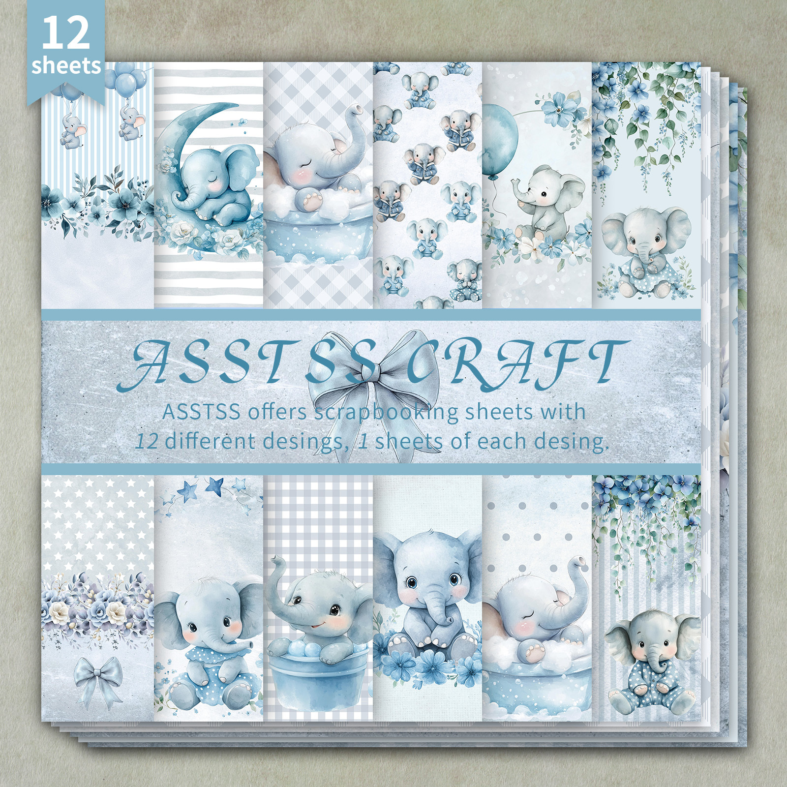 TEMU 12-vloezen ASSTSS 6*6 inch scrapbooking papierblok met een speels waterverf ontwerp van een blauwe , perfect voor babyshowers. Dit zware karton