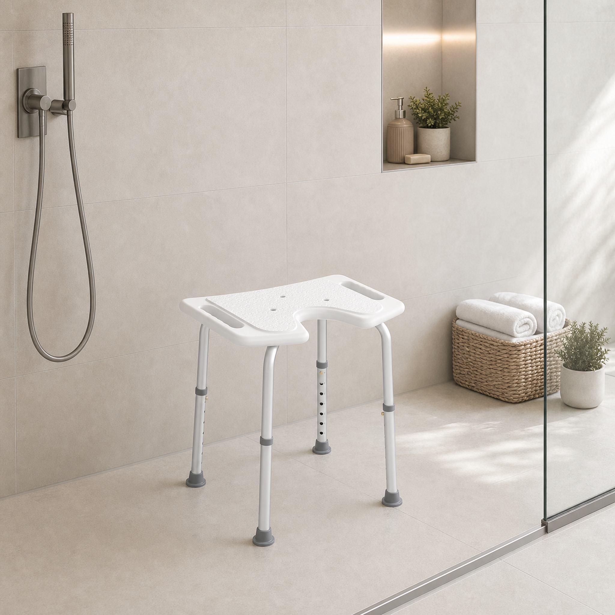 Image of Height-adjustable Shower Chair With U-shaped, Lightweight Non-slip Feet, Safe Bath