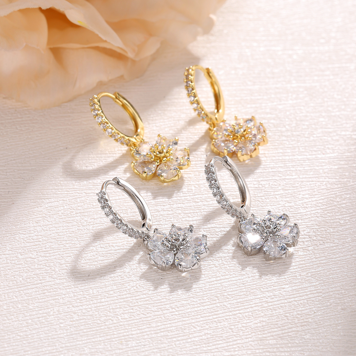 Women’s Petal Earrings with Full Zirconium Inlay, Exquisite Design