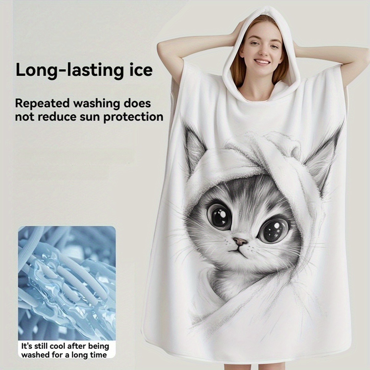 1pc Of 3 Sizes Of Microfiber Hooded Beach Towel With Cute Cat Pattern, Super Soft Comfortable, Quick Drying, , Suitable For And Pools, Wearable Bathrobe, Perfect Gift