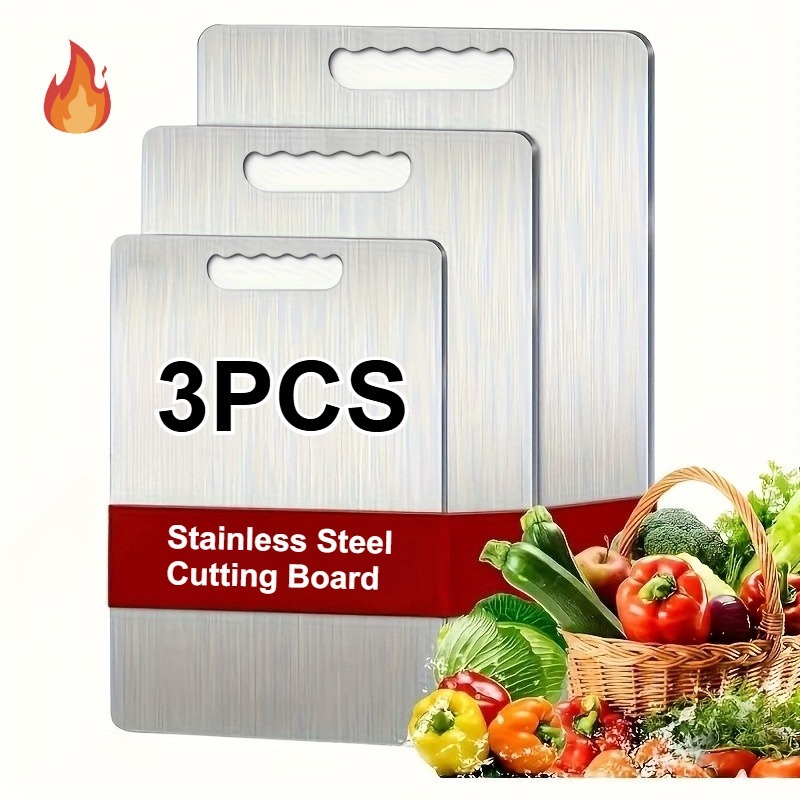 3 шт. прочная разделочная доска из нержавеющей стали пищевого класса,   и портативная   доска для нарезки,   подходит для кемпинга, использования на открытом воздухе, домашних кухонь и ресторанов. отлично подходит для нарезки фруктов и овощей, а также как инструмент для барбекю Детали 3
