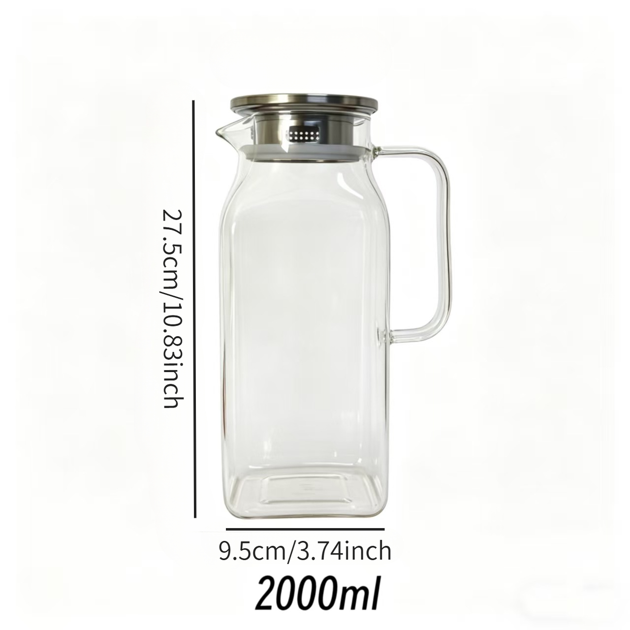 TEMU 1pc 2l High Borosilicate Glass Cold Water Jug With Stainless Steel Lid Straight-body Household Juice Pitcher Suitable For Coffee, Juice And
