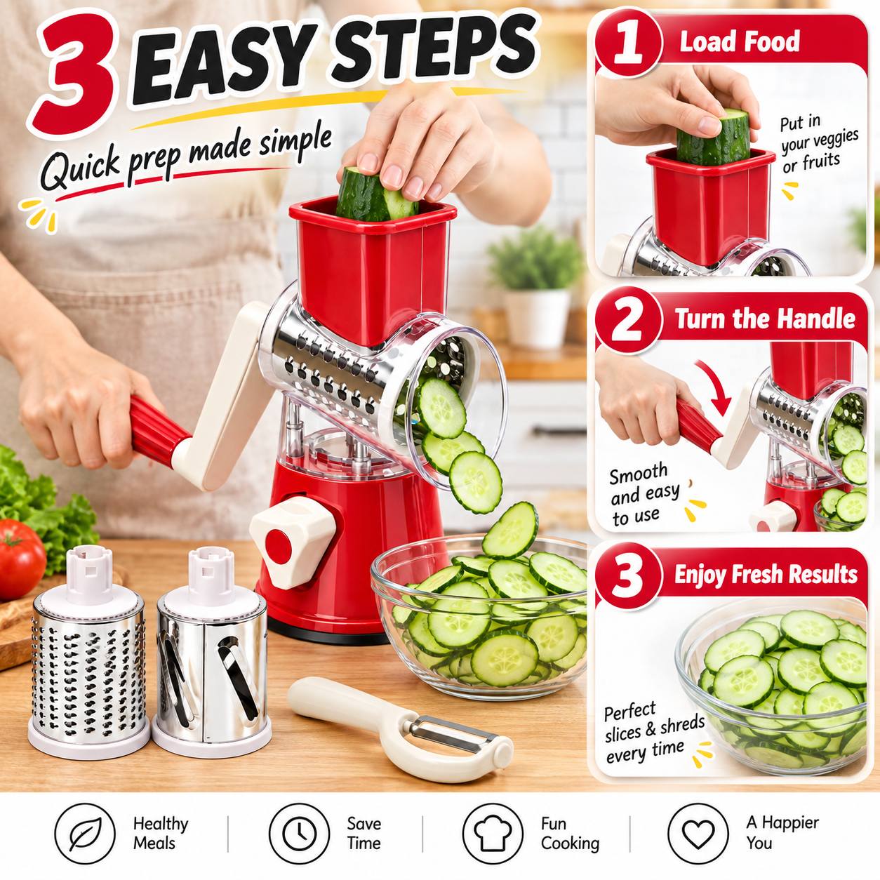 3 in 1 manual rotary grater hand crank cheese and vegetable slicer with 3pcs stainless steel drums suction base kitchen food prep tool Product details 3