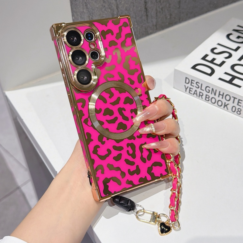 TEMU Phone Case: Vitality Leopard Print Electroplated Edge Wireless Charging Phone Case For Galaxy S26/s25/s24 -coverage Drop-proof Soft Phone Case