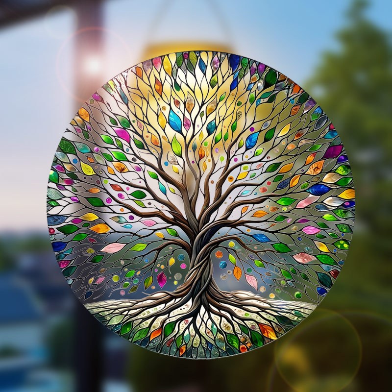 E-shop Lebendiger Lebensbaum Fensteraufkleber - Statischer Lebensbaum Glasdekal, 2mm dickes PVC/Plastik mit farbenfrohen Motiven für Privatsphäre,