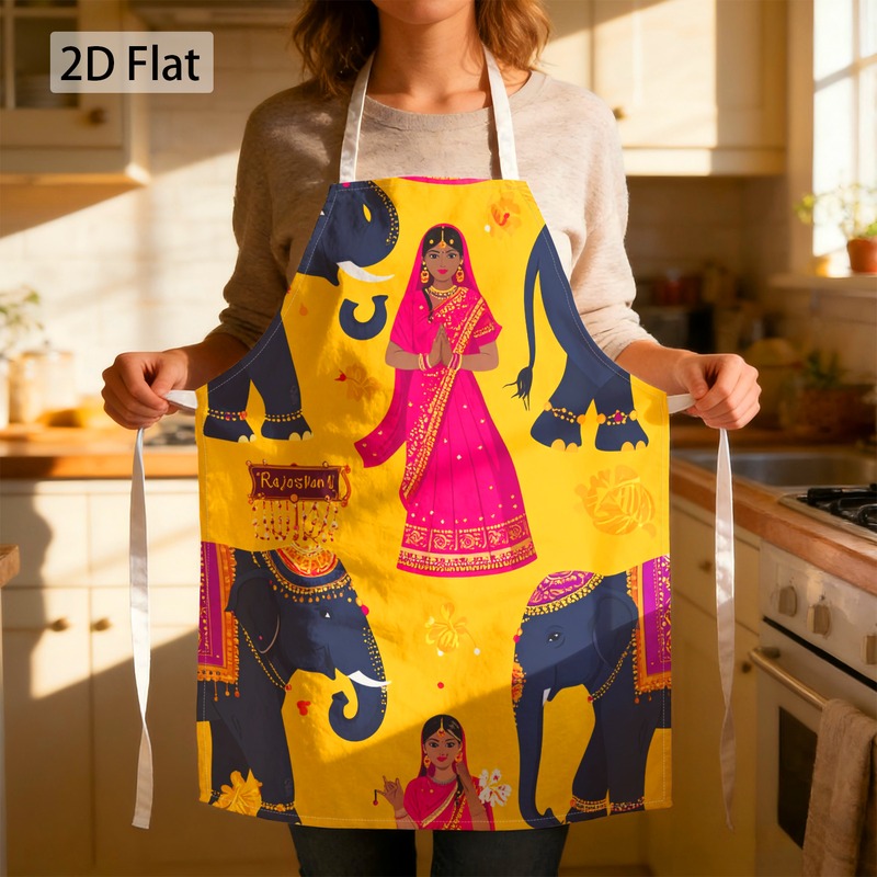 TEMU 1pc Festive Indian Elephant & Traditional Bride Graphic Chef Apron Print Cultural Decorative 27 X 22 Inches (68 X 55 Cm) Women's Apron Baking