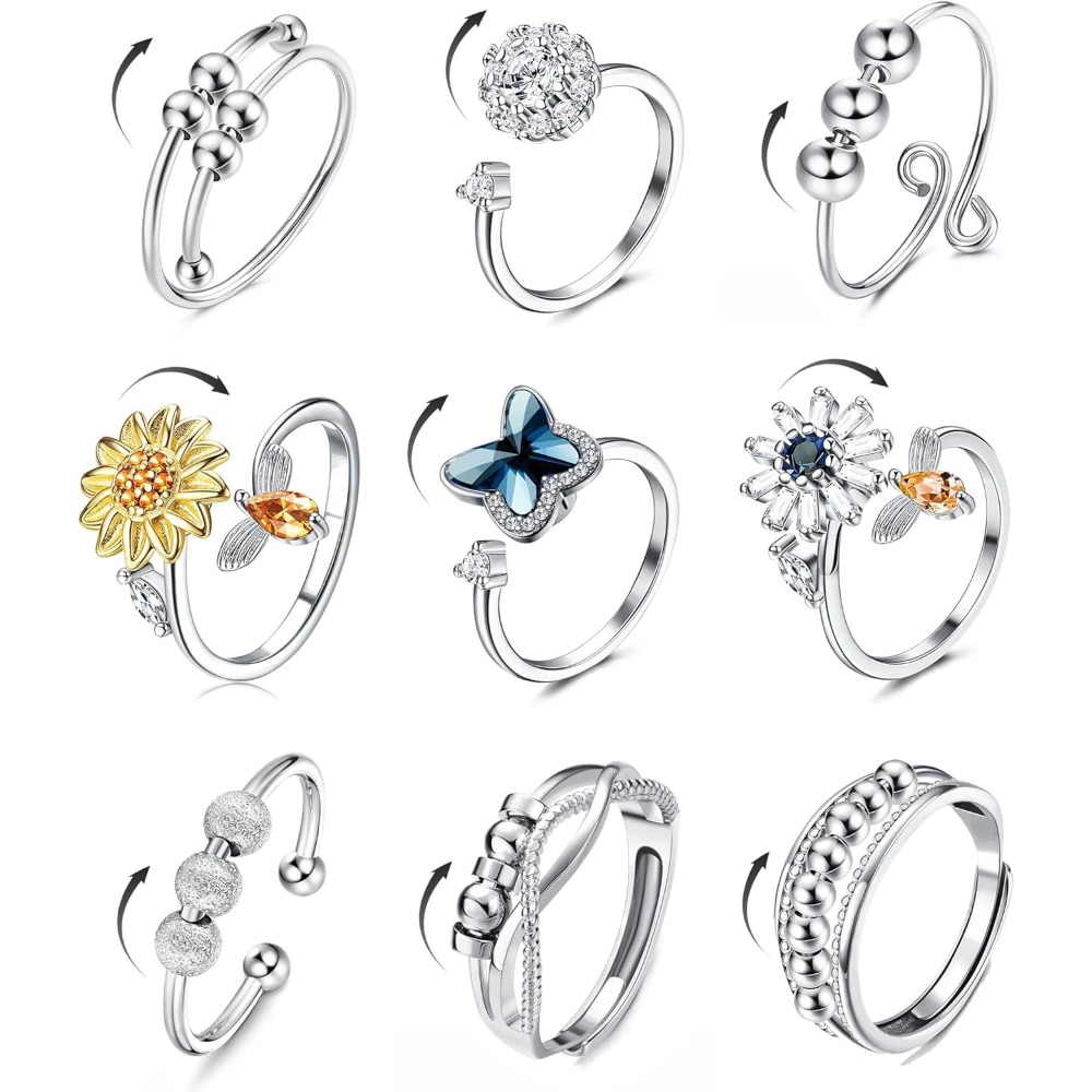 9pcs Fidget Ring Spinners Adjustable Open Synthetic Cubic Zirconiaia Flower Bead Spinning Rings - Rotatable Suitable For &,, Aid, Unisex Jewelry Gift For, Fidget, For Teenager