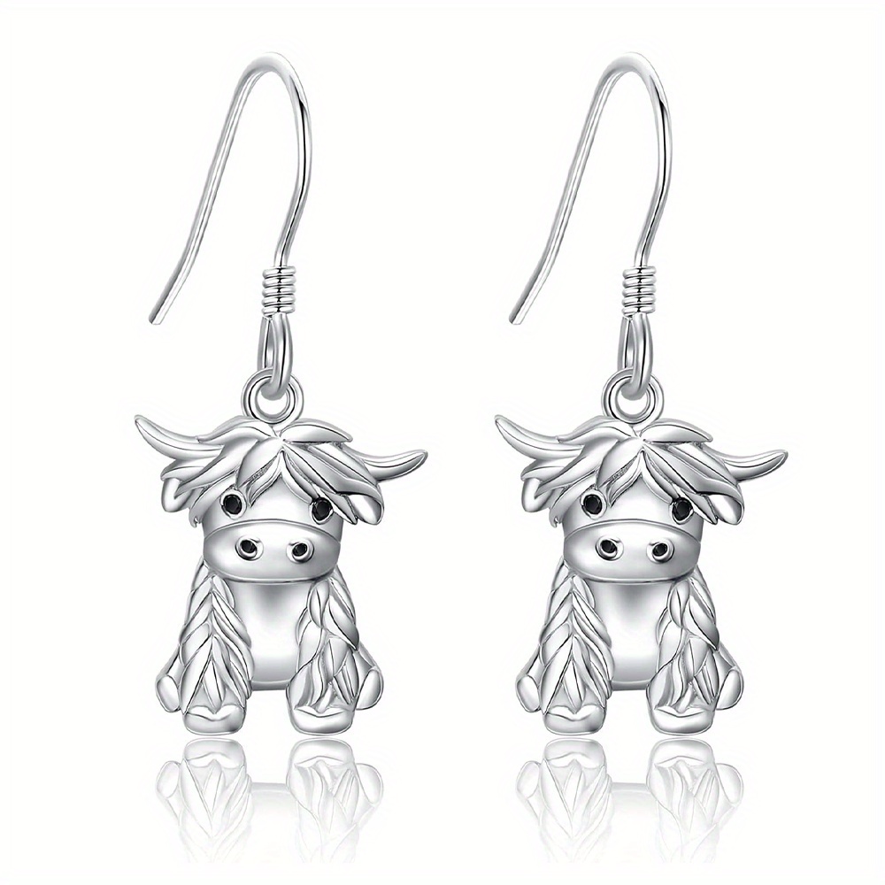 TEMU Highland Cow Earrings For Women Silvery Tone Sitting Scottish Cow Ear Wire Daily Parties Fun Occasion Styling