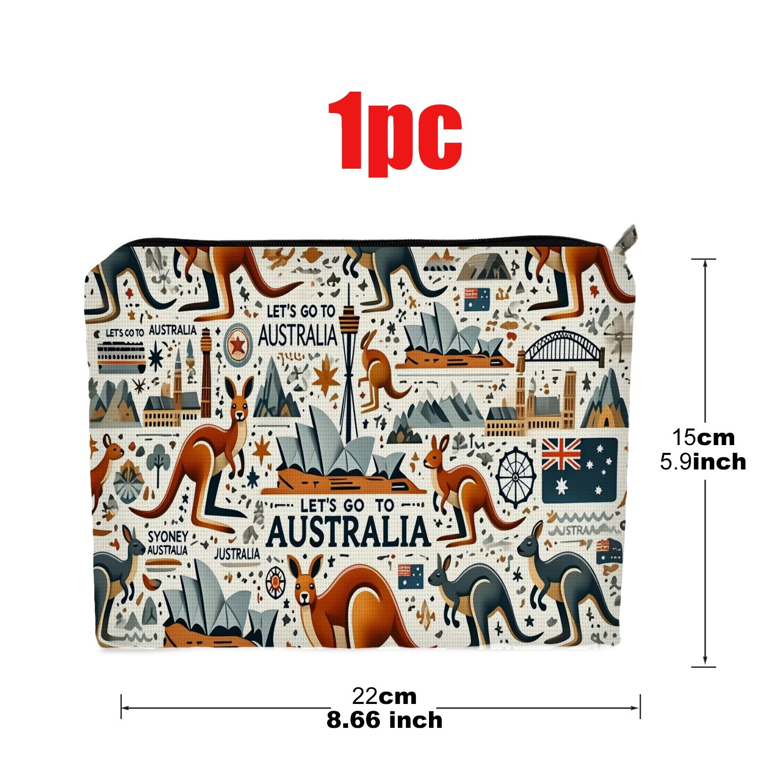 TEMU 1pc Australian-themed Makeup Bag With Kangaroo & Emu Print - Double-sided Travel Cosmetic Organizer Suitable For, Daily Use, Polyester Pouch,