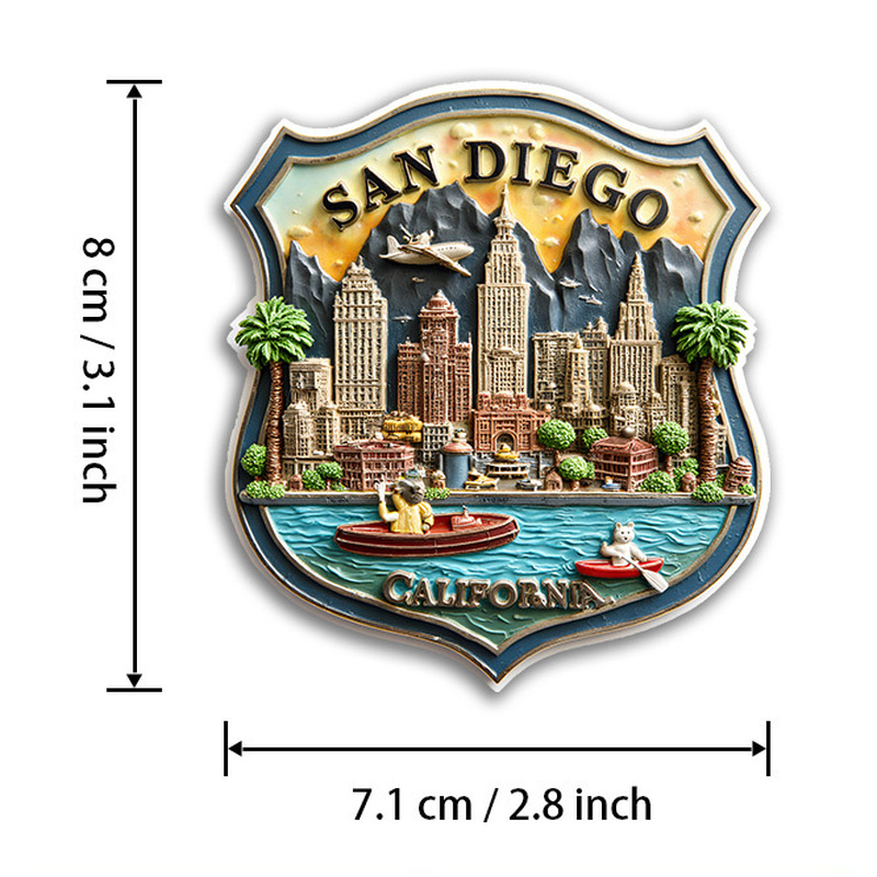 TEMU Acrylic Fridge Magnet, 2d Flat Design, Depicting The Colorful Cityscape Of San , California, Featuring Famous Landmarks, Palm Trees, And Pandas.