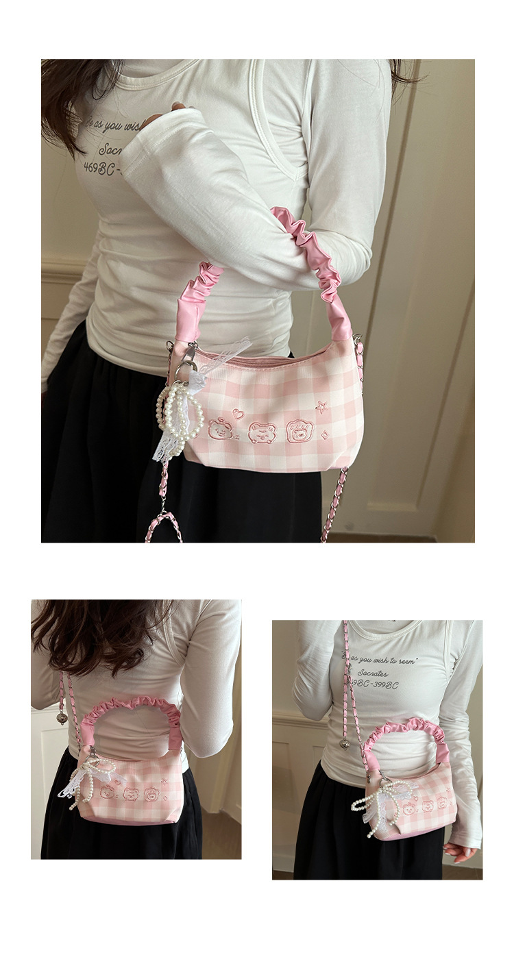 Plaid Ruched Handle Hobo Bag With Pearl Bow And Chain Shoulder Bag_voghion.com