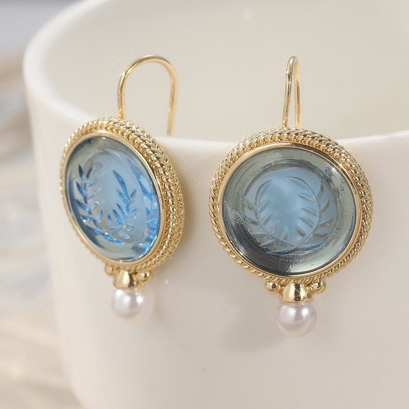 Vintage Intaglio Earrings, Blue Laurel Wreath Design, Wedding Gift