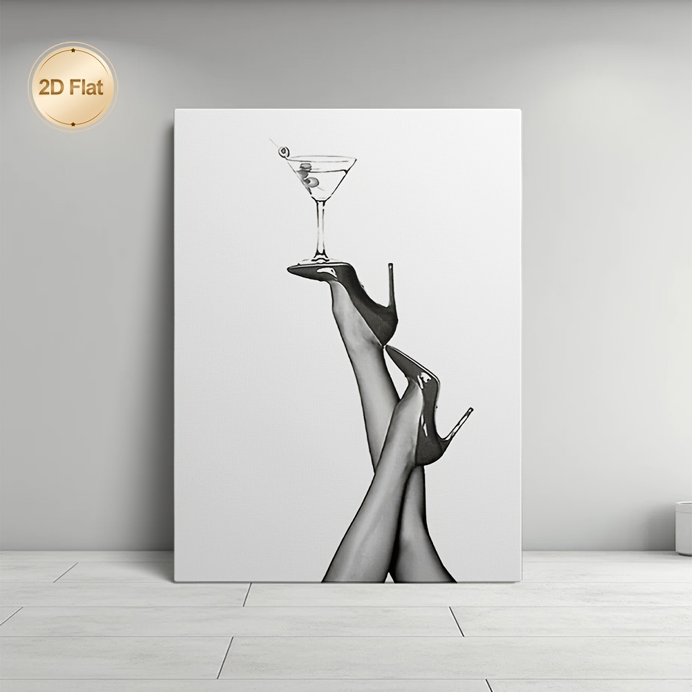 TEMU 2d Flat, 2d Flat, 1pc, Framed 2d Canvas Painting, Heels With Martini Glass Artwork, Perfect For Living Room, Bedroom, Bar, Office, Lounge