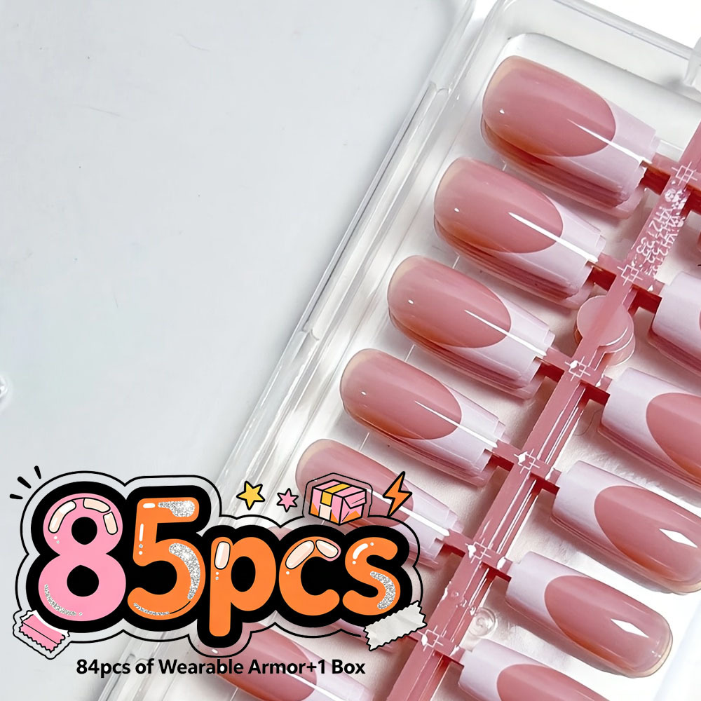 TEMU 85 stuks (84 stuks Draagbare Pantser en 1 Doos) Elegante Nude Roze Franse Lange Stijl Draagbare Nagels met Glanzende Vierkante Decoratieve