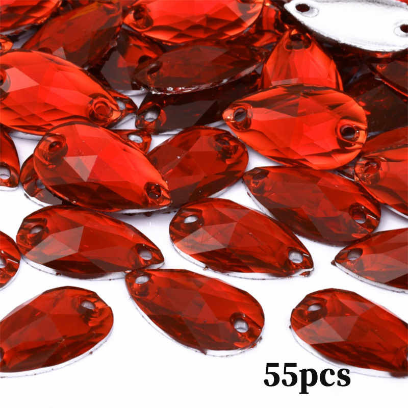 TEMU 55 stuks 1,1 * 1,8 cm/0,43 * 0,7 inch meerkleurige naai-acryl strassteentjes met dubbel gat en platte achterkant in druppelvorm, gebruikt voor