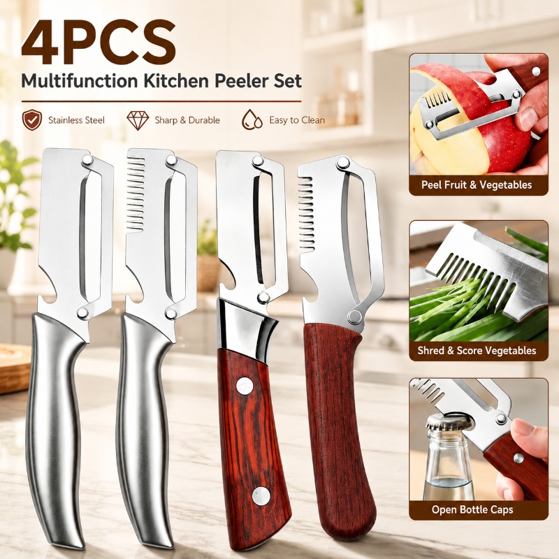 TEMU 4pcs Multifunctional Fruit And Vegetable Peelers, Right-handed , Stainless Steel Blade With Plastic Handle 3-in-1 Multifunctional Peeler, With